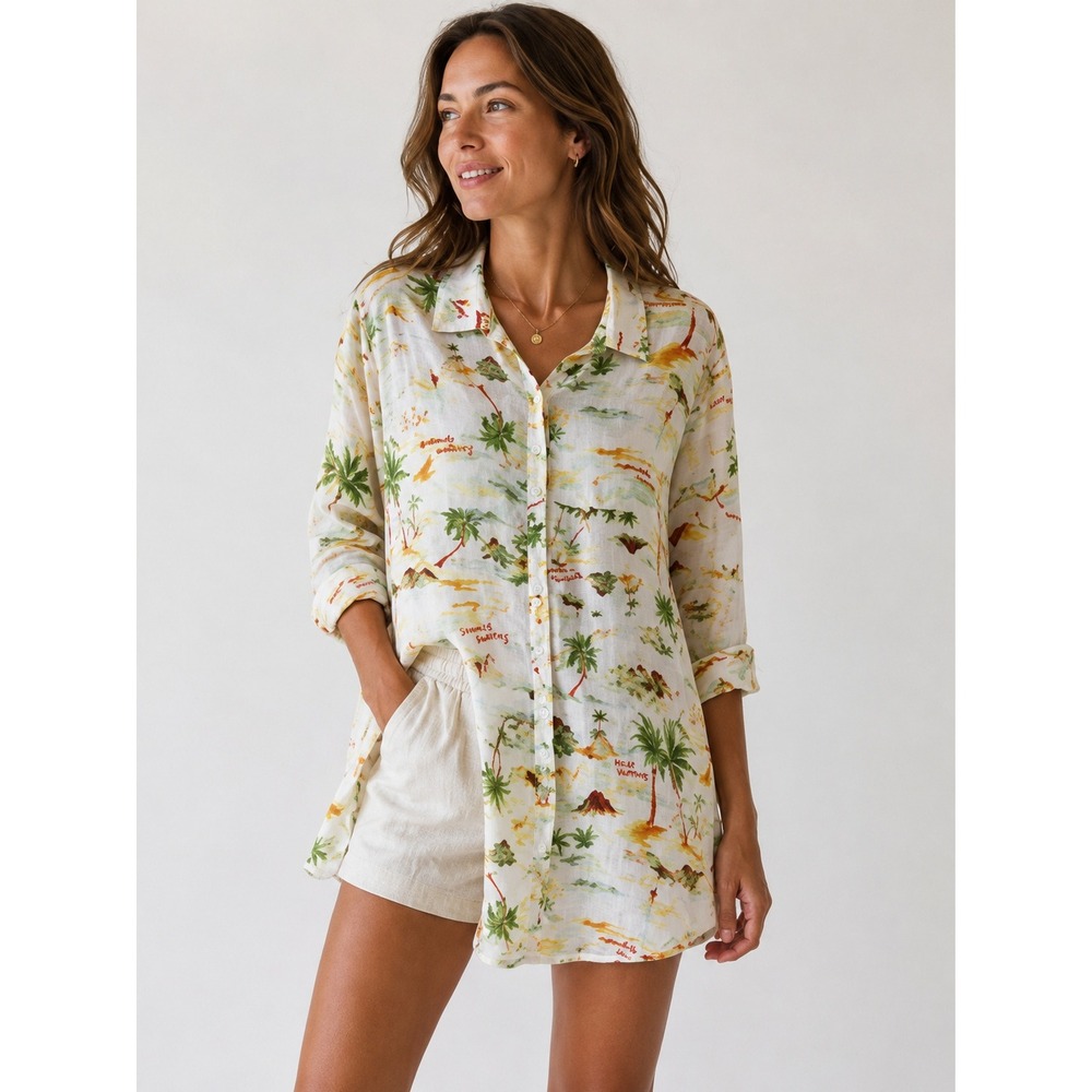 C&C California Tropical Postcard Linen Shirtdress M Hawaiian Swim Coverup Resort